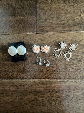 Mixed Earrings Set - Cream Pearls, Peach Roses & Silver Sunbursts